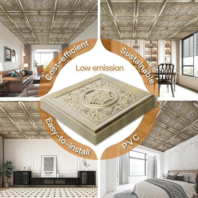 WOWSTAR 12-Pack 24"x24" Drop Ceiling Tiles, Vintage Style Waterproof Glue up Ceiling Panels Decor, Antique Gold | PVC ceiling panels, 24"x24", waterproof, glue-up install, basement kitchen bathroom, 12-pack, set B - Image 6