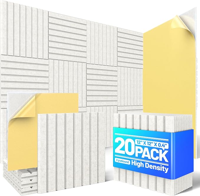 20 Pack Sound Proof Foam Panels for Walls, Acoustic Panels Self-Adhesive | 12" X 12" X 0.4" Slatted Soundproof Wall Panel, High Density Sound Absorbing Panel for Gaming Recording Studio Decor-Ivory by Unknown