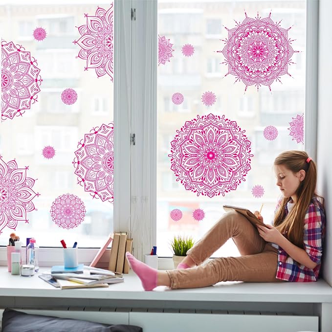 Large Mandala Wall Sticker Peel and Stick Pink Lotus Flower Wall Decals Mandala Floral Window Clings Stickers Modern Headboard Decor Mandala Wall Art Decal for Bedroom Living Room Yoga Decoration - Image 6