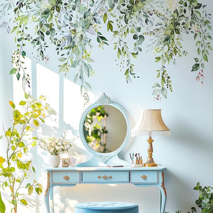 Green Plants Leaves Wall Decals Peel and Stick, Large Floral Flowers Wall Stickers, Removable Vine Home Decor Art for Bedroom Living Room Classroom Office by VePret