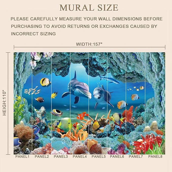 MFWFM Ocean Wallpaper Peel and Stick Underwater 3D Dolphin Wall Murals | 157"x110", for Bedroom Living Room Bathroom, Self Adhesive Canvas - Image 3