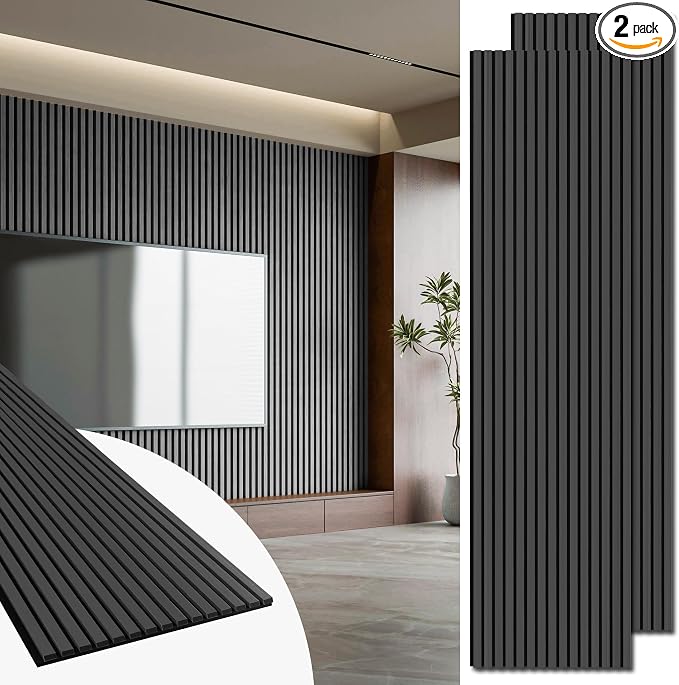 Art3d 2 Pack 94.5 x 24 inch Wood Slat Acoustic Panels for Wall & Ceiling - 31 sq.ft 3D Fluted Sound Absorbing Panel with Wood Finish, Matte Black by Art3d