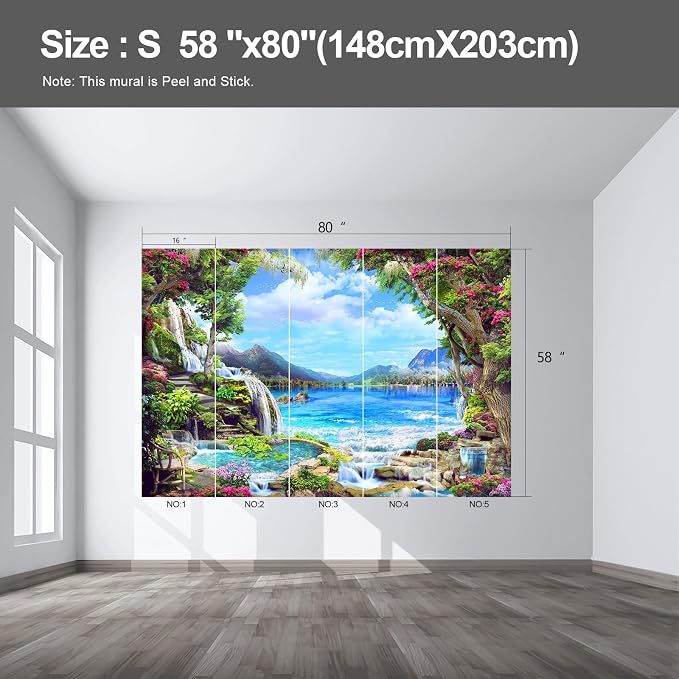 Landscape Lake Waterfall wall murals Peel and Stick self Adhesive Wallpaper for Bedroom Living Room - 58"x80" - Image 2