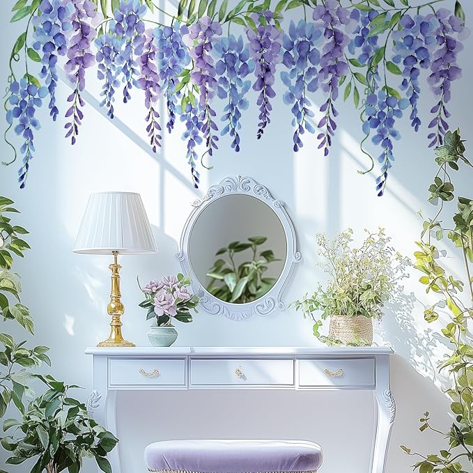 Purple Flowers Wall Decals Peel and Stick, Large Wisteria Floral Vinyl Wall Stickers, Removable Vine Home Decor Art for Bedroom Living Room Classroom Office - Image 8