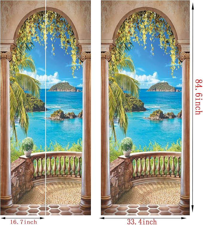 artfanke 3D Balcony Arch Seascape Peel and Stick Door Sticker 33.5"x84.6",Self-Adhesive Door Wall Murals Wallpaper Decal for Living Room Bedroom Decor (2 Sheets/Set) - Image 6