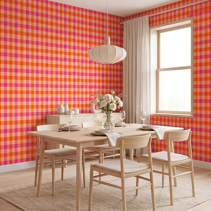 Drydiet Pink and Orange Plaid Wallpaper Peel and Stick 15.8 x 118.1 | Self Adhesive, Checkered Design, Easy Apply Remove, for Home Locker Dorm Classroom Living Room Decor - Image 6