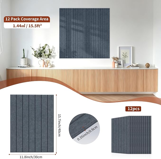 TO-TH Acoustic Wall Panels Self-Adhesive Sound Proof Panel 12 Pack, Gray | 100%Polyester Fiber, Peel and Stick Noise Dampening Panels, Reduce Echo&Flutter, Decorative Wall Panel for Studio,Garage,Home - Image 6