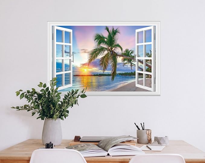 FLFK Fake Window Wall Sticker - Sunrise Over the Sea Faux Window Wall Mural for Wall Decor, Stick and Peel Wall Decals,24"x16" - Image 4