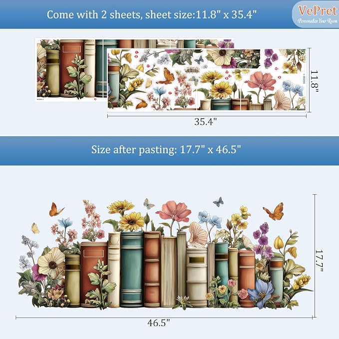 Vintage Books Floral Flower Butterfly Removable Wall Decals Decor Art | Vintage botanical butterflies vinyl peel and stick removable wall stickers & murals for bedroom lLiving room library office - Image 3