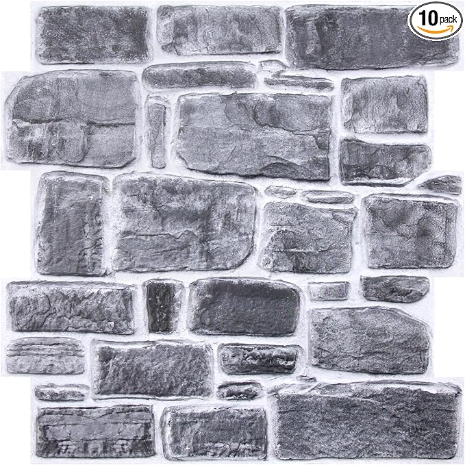 COMSTICKC 3D Faux Stone Wall Panels Peel and Stick, 10 Pcs 11.8" x 11.8" | Gray, Not Real Stone, Ultra-Light Thin PVC 3D Fake Rock Wall Sticker Covering for Easy DIY Interior Decor, Cover 9.7 sq ft by COMSTICKCDECOR