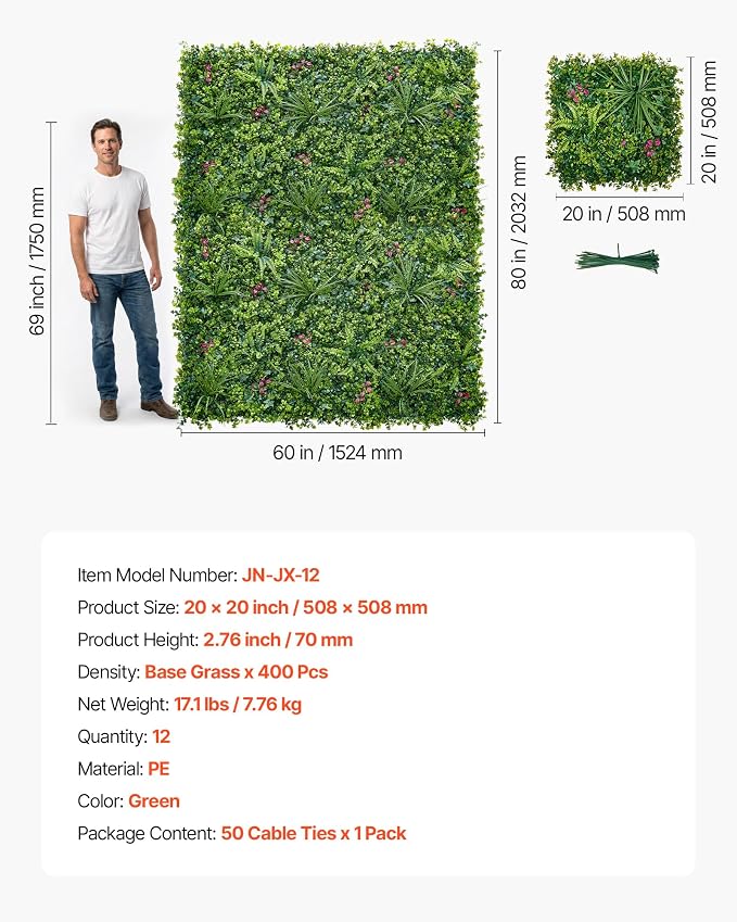VEVOR Artificial Plant Wall, 12PCS 20 x 20 in Artificial Boxwood Panels, Greenery Backdrop Privacy Hedge Fence with Sun Protection, Fake Grass Wall Screen for Wedding, Indoor, Garden，Mixed Leaf - Image 7