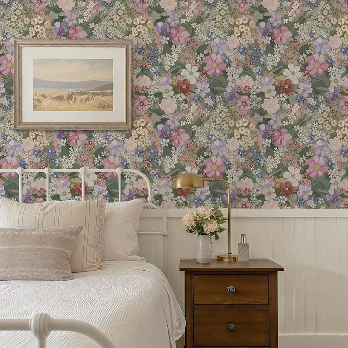 Ismoon Floral Peel and Stick Wallpaper Vintage Wallpaper 17.3in x 16.4ft Pink/Green Floral Wall Paper Boho Waterproof Removable Self-Adhesive Wall Paper for Nursery Bedroom Shlef Cabinet Décor - Image 3