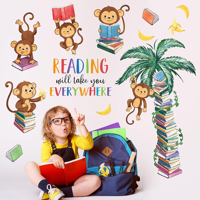 Mfault Monkey Reading Book Wall Decals Stickers, Reading Will Take You | Everywhere Nursery Classroom Decorations Bedroom Art, Jungle Animal Inspirational Neutral Toddlers Kids Room Reading Corner - Image 5