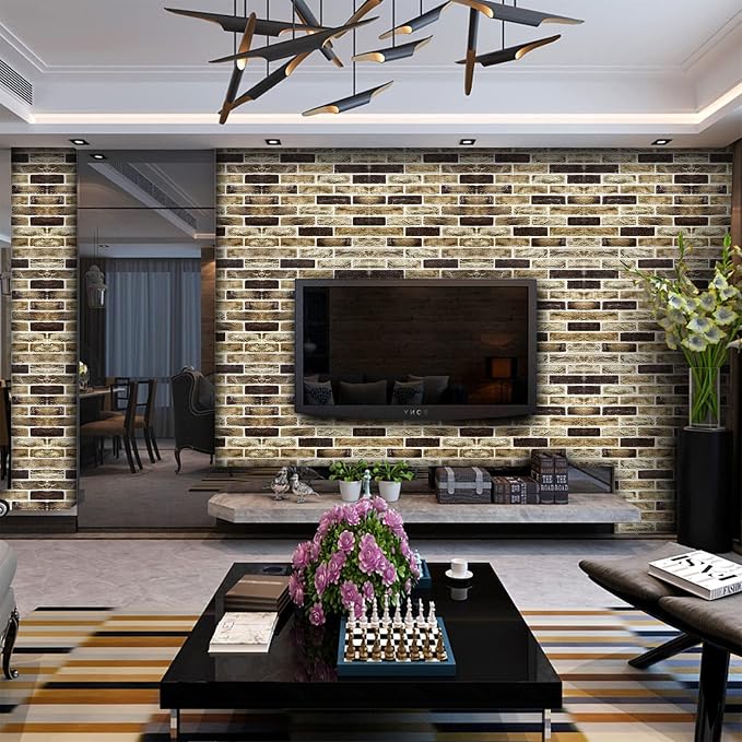 10-Pack 52 Sq.Ft 3D Wall Panels Peel and Stick 3D Faux Brick Wallpaper Peel and Stick Yellow Brown Faux Stone Wall Panel Foam Brick Self-Adhesive 3D Wallpaper - Image 2