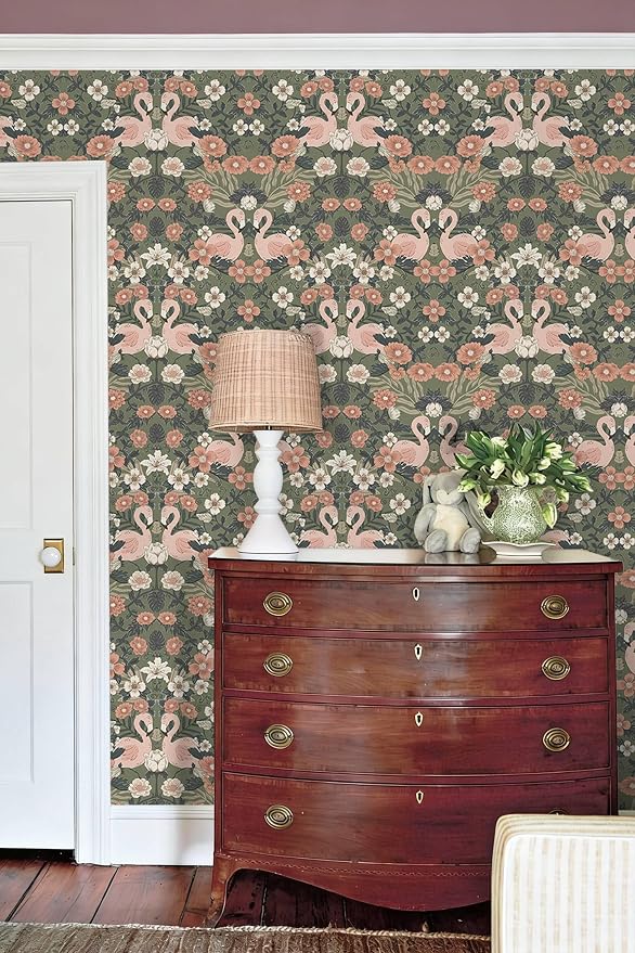 Heroad Green Peel and Stick Wallpaper Vintage Floral Flamingo Contact Paper William Morris Wall Paper Removable Renter Friendly Wallpaper for Bedroom Nursery Farmhouse Vinyl Rolls 17.3''X 78.7'' - Image 5