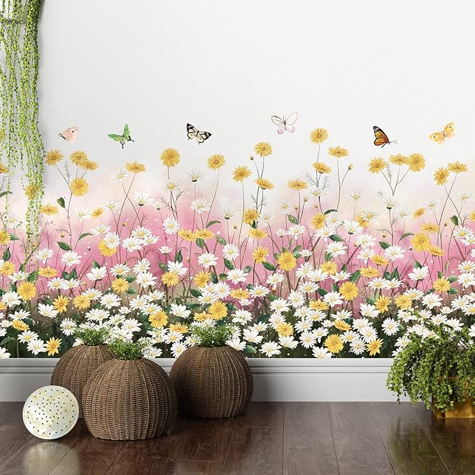 2 Sheets Yellow Daisies Flowers Wall Decals Small Fresh White Chrysanthemum Wall Stickers Pink Gypsophila Wall Art Murals for Baby Kids Girls Bedroom Living Room Corners Skirting Lines Waist Lines by LiveGallery