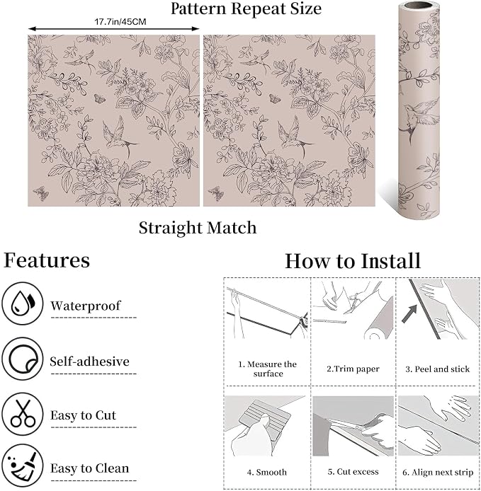 Froluya Brown Floral Peel and Stick Wallpaper Shelf Liner 17.7in×118.1in | Vintage Brown Contact Paper Boho Self Adhesive Wallpaper Floral Bird Removable Vinyl Wall Paper for Bathroom Cabinets Decor - Image 5