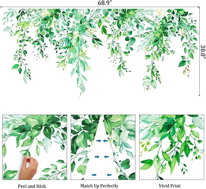 Emerald Green Plants Leaves Wall Decals Peel and Stick, Large Floral Flowers Vinyl Wall Stickers, Removable Vine Home Decor Art for Bedroom Living Room Classroom Office - Image 2