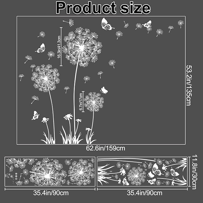 Dandelion Wall Decals Removable Flower Wall Stickers Peel and Stick Floral Butterfly Murals Dandelion Party Decoration for Bedroom Living Room Sofa Backdrop TV Dandelion Wall Decor (White) - Image 2