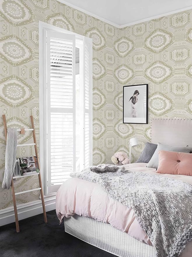 Neutral Vintage Wallpaper Tile Botanical Peel and Stick Wallpaper | Beige geometric floral tile seamless print, Removable waterproof vinyl wall covering, bedroom accent wall decor - Image 4