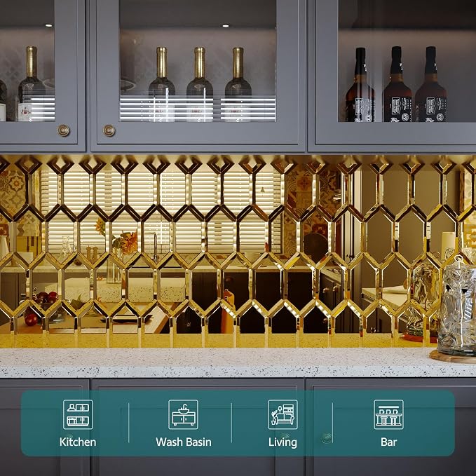 Peel and Stick Beveled Gold Mirror Tile, 4x6 Inch Mirror Backsplash Tiles Long Hexagon for Kitchen Bathroom Wall 30 Pcs, 4.8 SQ.FT - Image 6
