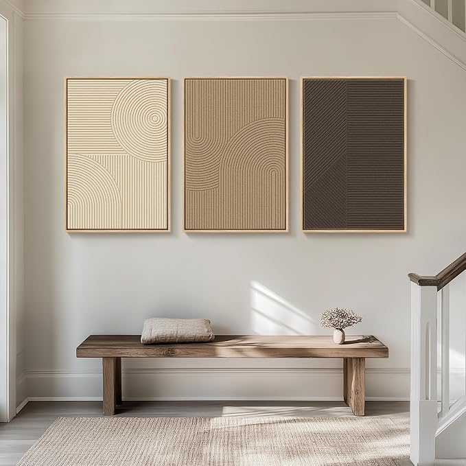 Large 3D Framed Neutral Abstract Wall Art for Living Room, 3 Piece 24x36 In | Solid Wood Frame, Textured Paintings, Beige Brown Tan Geometric Sculptural, Pictures Wall Decor Living room Bedroom Office - Image 2