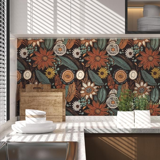 Laatse Boho Wallpaper Peel and Stick 17.5"x118",Brown Orange Contact Paper | Self Adhesive/Removable/Waterproof/Thick Vinyl Wall Paper for Bathroom Bedroom Shelf Cabinet Drawer,Prepasted,Easy Peel - Image 6