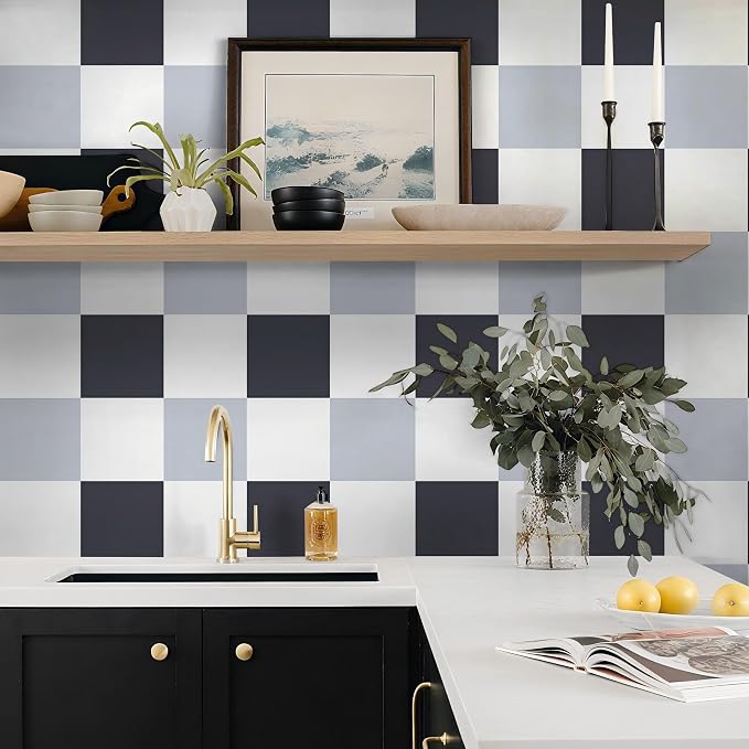 Ismoon Plaid Wallpaper Peel and Stick Modern Checkered Contact Paper 17.3" x 78.7" Black/Gray/White Neutral Mosaic Wall Paper Textured Removable Wallpaper for Bedroom Renter Friendly Vinyl by Ismoon