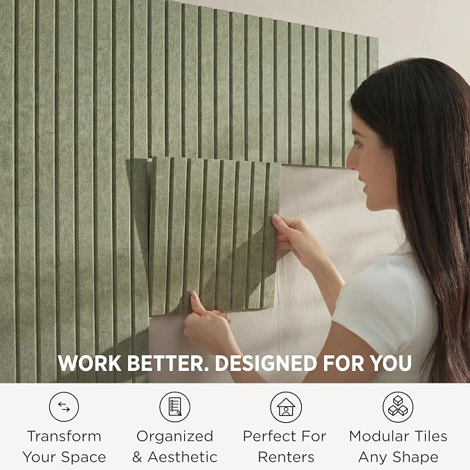 VIVELDA Felt Bulletin Board Tiles 48"x36" 12-Pack, Cork Board Alternative, OEKO-TEX Certified, NRC 0.95 Acoustic Wall Panels, Damage-Free Adhesive, Slatted Design, Home Office, Classroom (Khaki Green) - Image 2