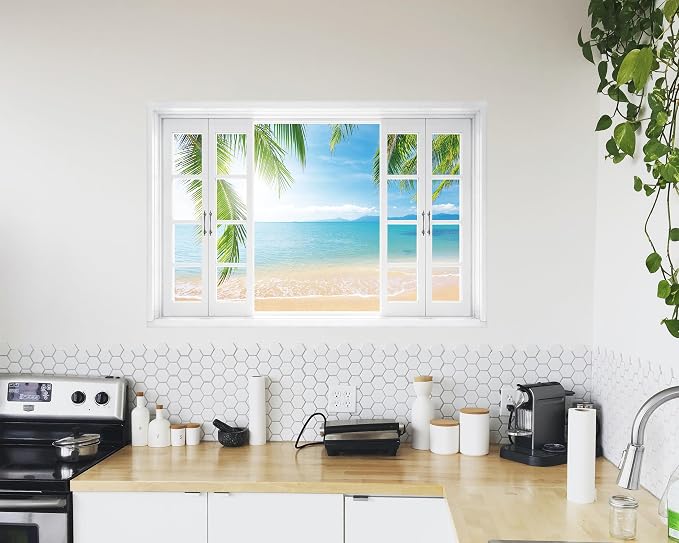 FLFK Fake Window Wall Decal - Tropical Ocean View Peel and Stick Mural, 24 x 16 inches - Image 5