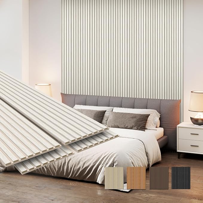 MISSDAY Wood Slat Acoustic Wall Panels, 4 Packs 94.5" x 12.6" White Soundproof Panel For Interior Wall Decor Noise Absorbing-3D Textured Wooden Panel Sound-Absorbing for Home, Office, Studio by MISSDAY