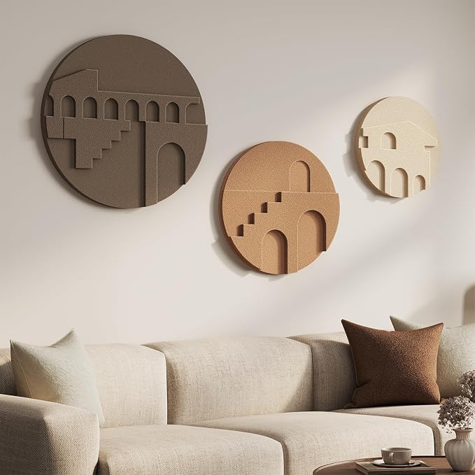 3D Textured Round Neutral Abstract Boho Wall Art for Living Room, 3 Piece | Modern Minimalist Geometric Sculpture Artwork for Walls, Bohemia Earth Tone Paintings, Bedroom Dining Room Office Wall Decor - Image 2