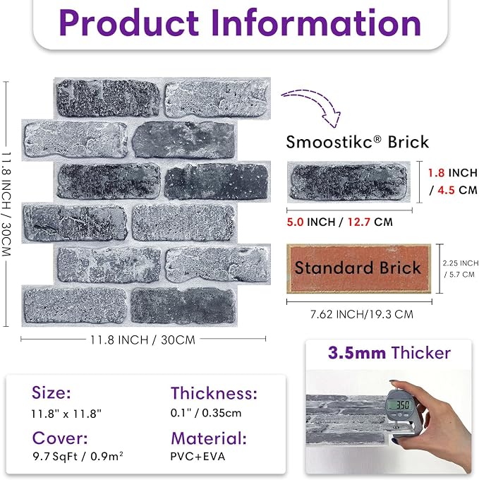 3D Peel and Stick Faux Brick Wall Panels 11.8" x 11.8" 10-Pack | Gray, Small Brick-Look Textured Sticker, Thin Lightweight PVC Self Adhesive Wall Tiles for Interior Decor, Cover 9.7 sq ft - Image 3