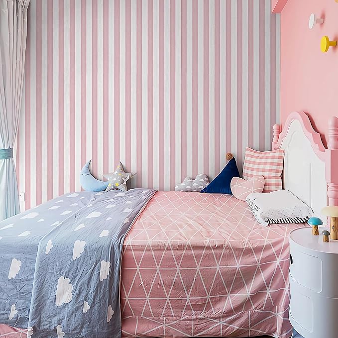 Pink Stripe Peel and Stick Wallpaper 15.7" x 1180" | Pink and White Striped Boho Self-Adhesive Contact Paper Removable Waterproof Wallpaper for Bedroom,Cabinets,Drawer Liners - Image 6