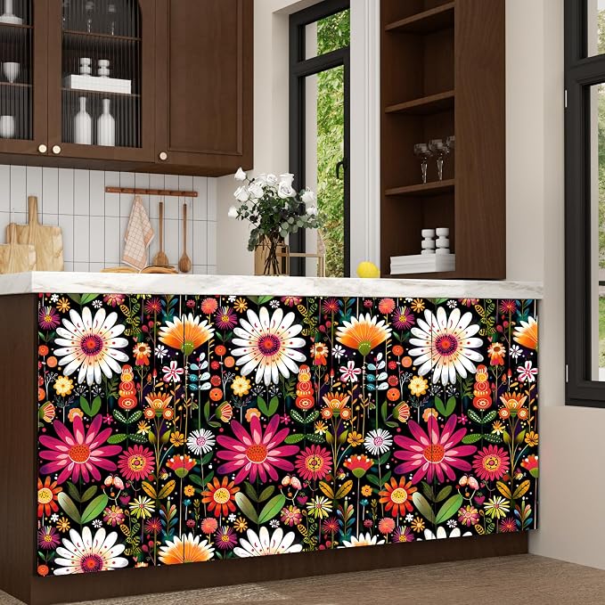 BOKEBEVE Floral Wallpaper Peel and Stick Boho Pink Colorful 17.5 x 393.5In | Extra Long Removable Renter Friendly Vintage Floral Wall Paper for Bedroom Bathroom Cabinet Drawer Feature Accent Wall - Image 6