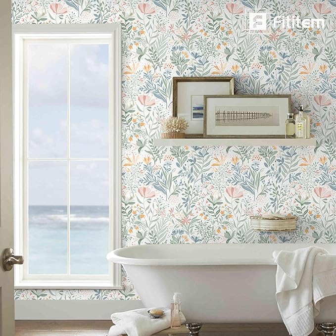 Fititem Floral Peel and Stick Wallpaper Boho Modern Wall Paper 17.3”×591” | Wildflower Self Adhesive Contact Paper for Cabinet Fun Nature Removable Waterproof Wallpaper for Bathroom Kids Bedroom Decor - Image 2