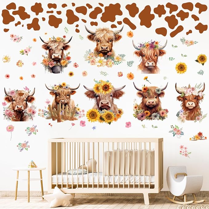 Wxiben Highland Cow Wall Decals, Cow Print Room Wall Murals Decor | Wall Stickers Decor, Removable, Peel and Stick, for Bedroom Nursery Playroom Bathroom Living Room Wall Decor by Wxiben