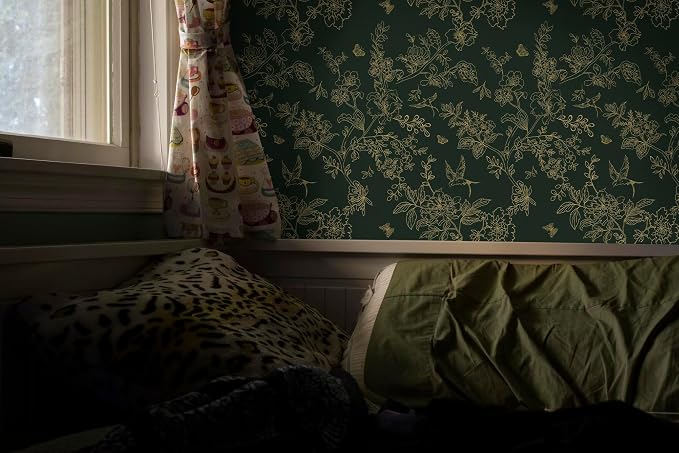 Froluya Green and Gold Peel and Stick Wallpaper for Bathroom 17.7in×590.5in | Dark Green Floral Wallpaper Vintage Contact Paper Peel and Stick Flowers Birds Removable Self Adhesive Cabinets Wall Paper - Image 2