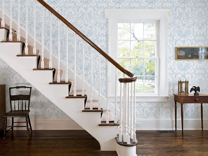 Peel and Stick Wallpaper for Bedroom Blue and White Damask Waterproof | 393"×17.3" Blue Modern Damask Watercolor Wallpaper Vintage Accent Wall Decor with Grid Lines for Bathroom Self-adhesive - Image 4