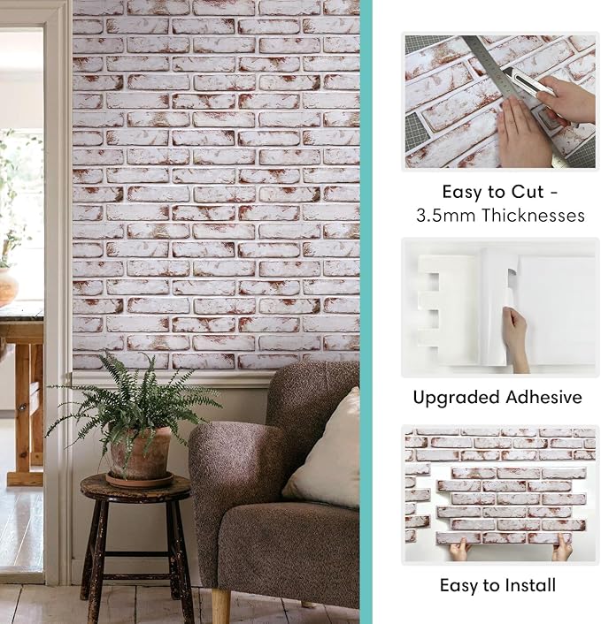Commomy Faux Brick 3D Wall Panels,Thin UrltraLight PVC 12 pcs | 22.8" x 11.8" Peel and Stick Tile Whitewash & Red Brick Textured for Kitchen,Bedroom, Living Room（Covers 22.48 sq.ft） - Image 5