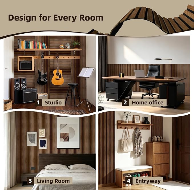 Vieshful 4-Pack Acoustic MDF Wood Slat Wall Panels for Flat & Curved Walls | 23.6" x 47.2" Sound Absorbing for Living Room, Columns, TV Wall & Interior Decor, Walnut - Image 7
