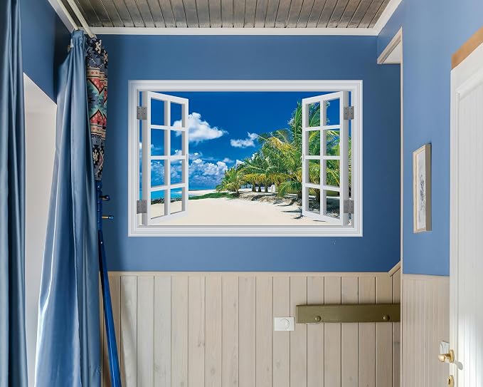 FLFK Fake Window Wall Sticker, White Frame Tropical Beach Scene, Peel and Stick Removable Wall Decal, Paradise Ocean View with Palm Trees, 48 x 32 Inches, Modern Style, Indoor Use - Image 5