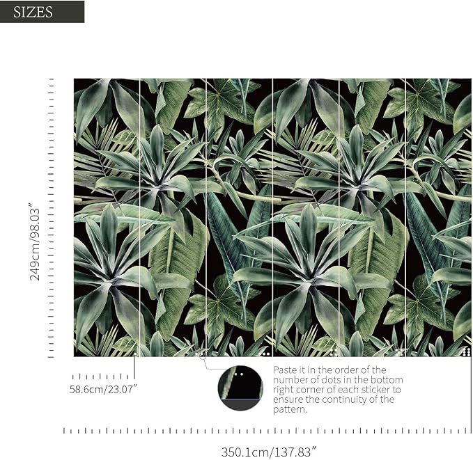 Tropical Peel and Stick Watercolor Green Leaves Wall Mural, Leather Textured Vintage Self-Adhesive Wallpaper for Bedroom Living Room Background Wall Decor, Black Background, 137'' x 98'' - Image 3