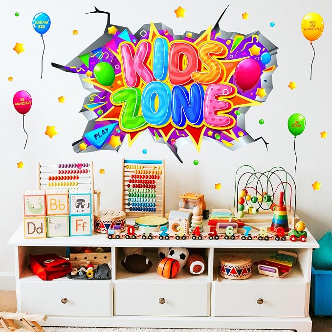 Kids Playroom Wall Decals Colorful Kids Zone Signs 3D Broken Wall Stickers | Multicolor inspirational quotes, kids room signs, peel and stick, removable vinyl art murals, for classroom nursery bedroom - Image 4