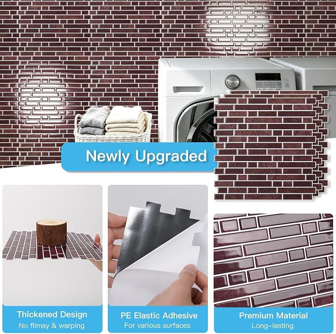 Art3d 10-Sheet Heavy-Duty Peel and Stick Backsplash, Waterproof Wall Tiles Stick on Kitchen Backsplash Living Space, Dark Burgundy - Image 6