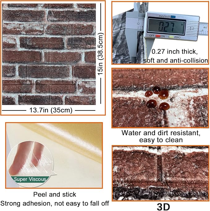 20PCS 3D Wall Panels Peel and Stick 3D Brick Wallpaper Peel and Stick Faux Stone Wall Panel Foam Brick Self-Adhesive Wallpaper (Red,20pcs) - Image 5
