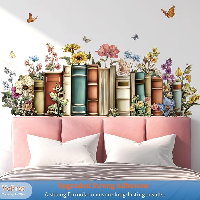 Vintage Books Floral Flower Butterfly Removable Wall Decals Decor Art | Vintage botanical butterflies vinyl peel and stick removable wall stickers & murals for bedroom lLiving room library office - Image 5