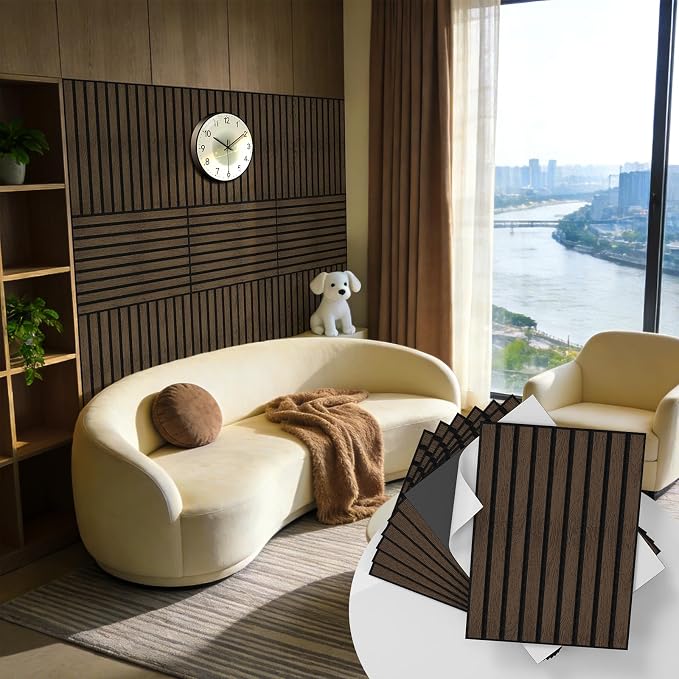 WADILE 16 Pack Self Adhesive Acoustic Wall Panels in Wood Look 11.8"x15.7" | Soundproofing PVC Slats on Felt, Decorative Wall Panels for Living Room & Bedroom Accent Wall by WADILE