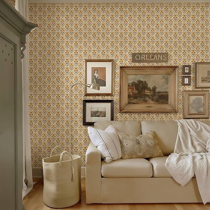 Dimoon 787.4"x17.3" Peel and Stick Wallpaper Floral Cute Contact Paper Vintage Village Country Cottage Wallpaper Farmhouse Yellow Beige Renter Friendly Geometry Waterproof Embossed Kitchen Bedroom - Image 2