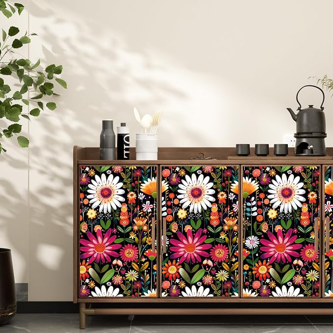 BOKEBEVE Floral Wallpaper Peel and Stick Boho Pink Colorful 17.5 x 393.5In | Extra Long Removable Renter Friendly Vintage Floral Wall Paper for Bedroom Bathroom Cabinet Drawer Feature Accent Wall - Image 5
